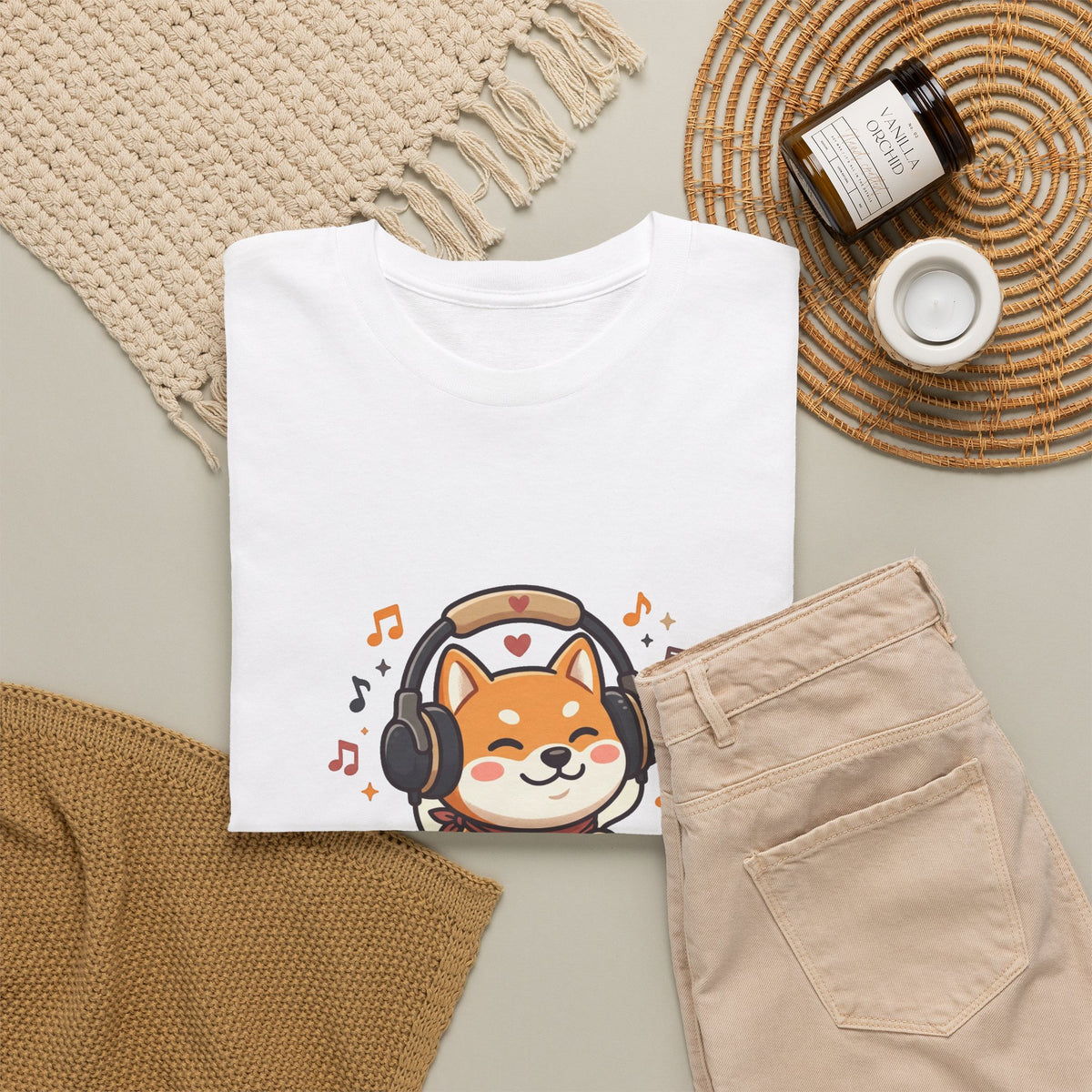 Shiba Inu Listening to Music T‑Shirt — Cute Headphone Dog Tee