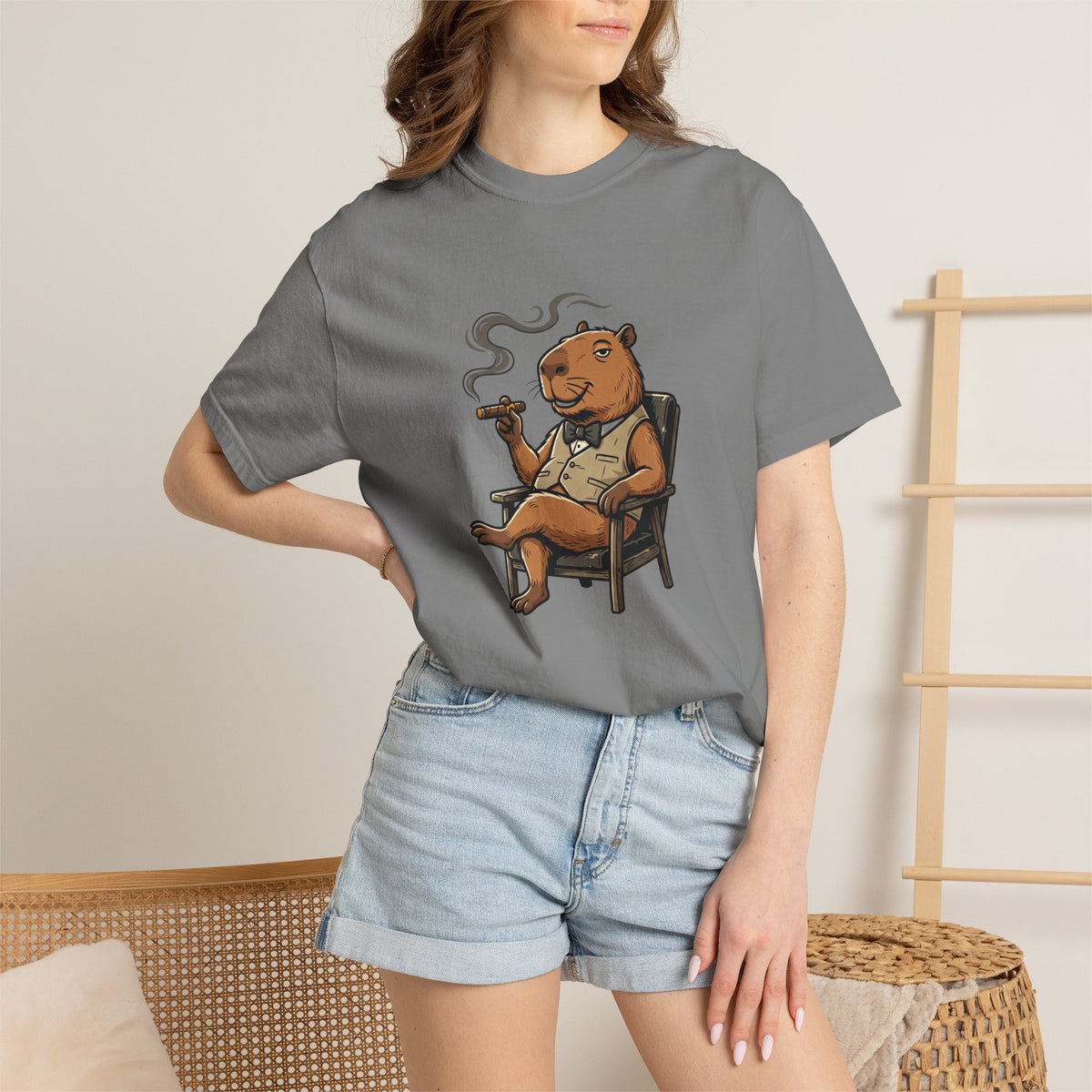 Smoking Capybara Graphic T-Shirt — Vintage Lounge Cartoon Tee